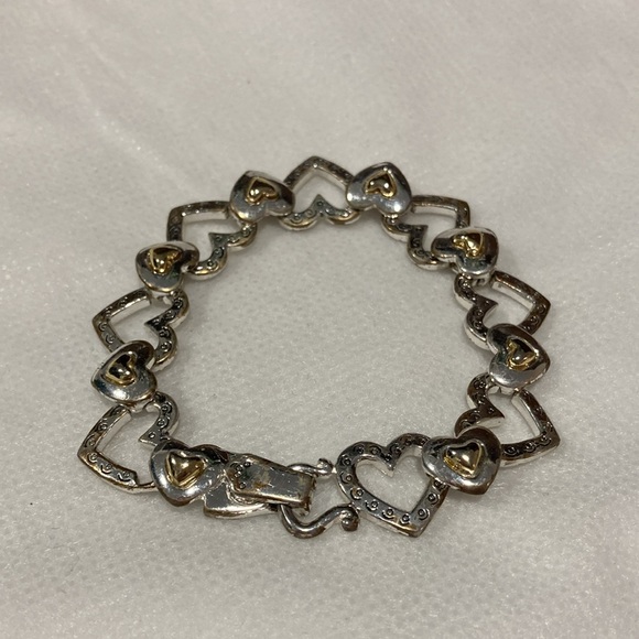 Silvertone Open Heart Link & Heart Goldtone Spacer Magnetic Clasp Bracelet - Picture 11 of 13